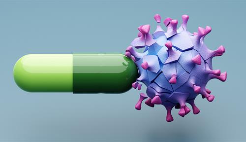 Drawing of a pill capsule shattering a coronavirus