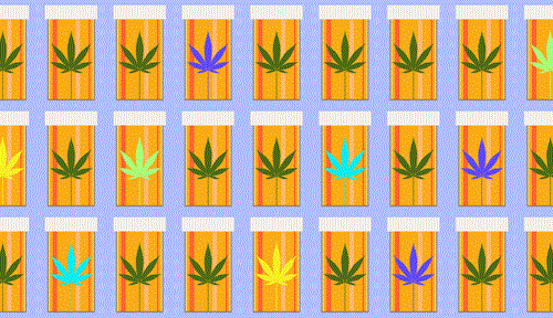 An animated image shows a variety of different colored cannabis leaves on prescription bottles.