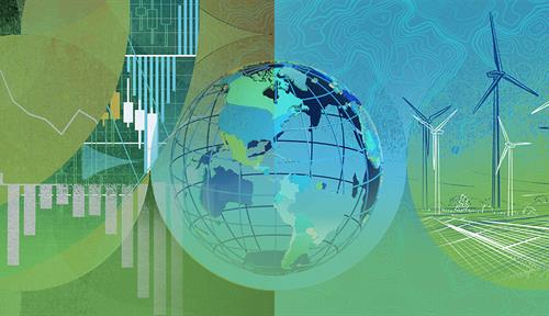 Conceptual illustration combines a graph representing stock prices diving over time, a globe, wind turbines and a relief map of the sea floor.