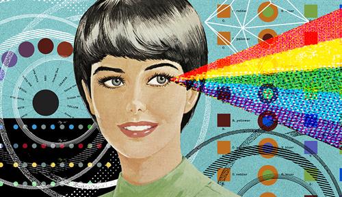 A conceptual illustration shows head and shoulders of a woman against a background of color charts. The woman has a rainbow of light emanating from one eye.