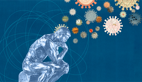 Illustration shows the Thinker contemplating while coronavirus particles drift by.