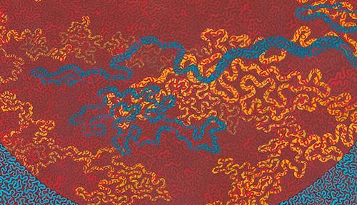 A conceptual illustration consisting of many squiggly threads, some larger than others, and in various colors: blue, orange and red. A darker semicircle in the middle is meant to depict the cell’s nucleus.