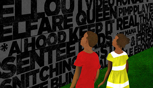 Illustration shows two young Black children staring at a wall with words that express examples of the racism people in the United States face.