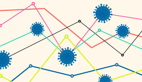 Illustration of coronaviruses on stock market lines