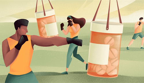 Illustration shows people in exercise gear and gloves beating on punching bags, the bags are actually large prescription bottles of pills, representing the idea of exercise as a treatment tool.