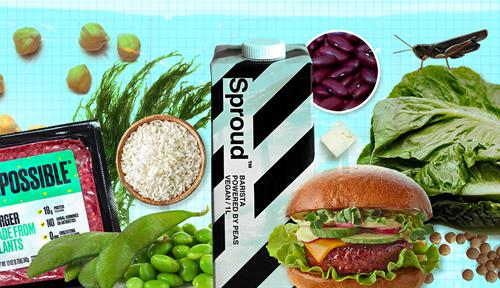 Alternative proteins that replace meat in our diets may take many forms in the future. A collage shows chickpeas, seaweed, tofu, kidney beans, a package of Impossible soy-based 