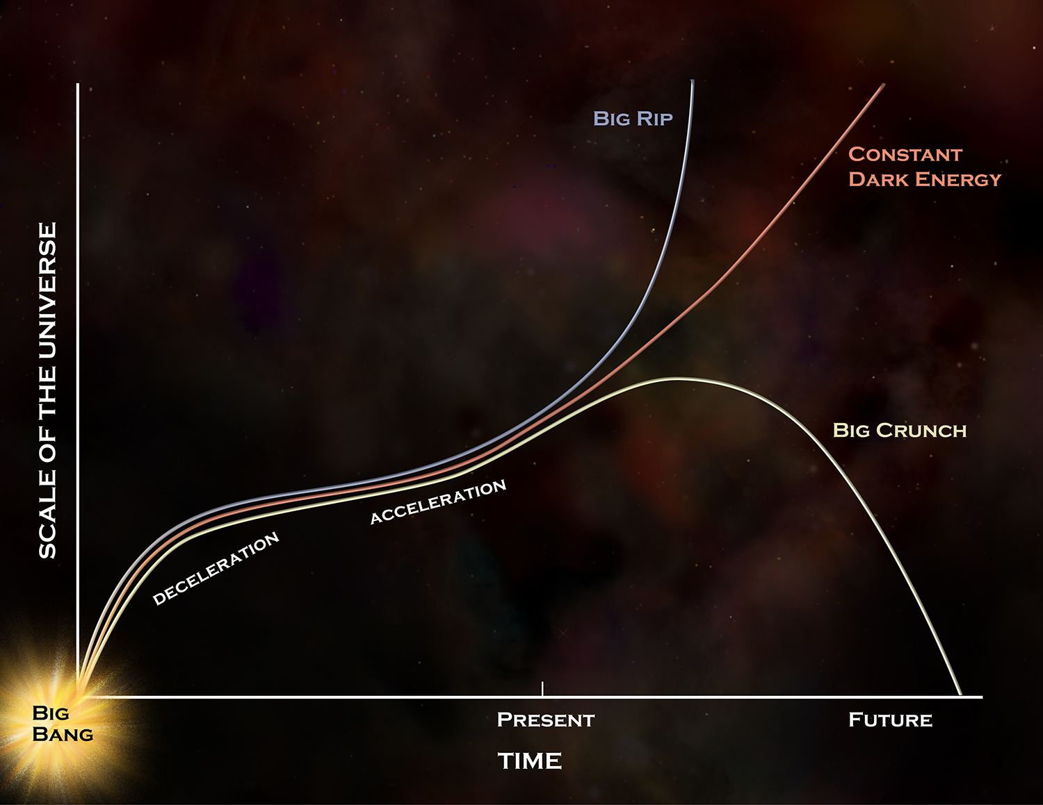 Graph shows the scale of the universe on the Y-axis and time on the X-axis, with three different paths for the future depending on the level of dark energy. Beginning with the Big Bang, the universe grows, then slows its growth, and then speeds up again to its present acceleration. In the future, the universe may grow in size exponentially (called the big rip), more linearly (under constant dark energy) or contract radically (the big crunch).