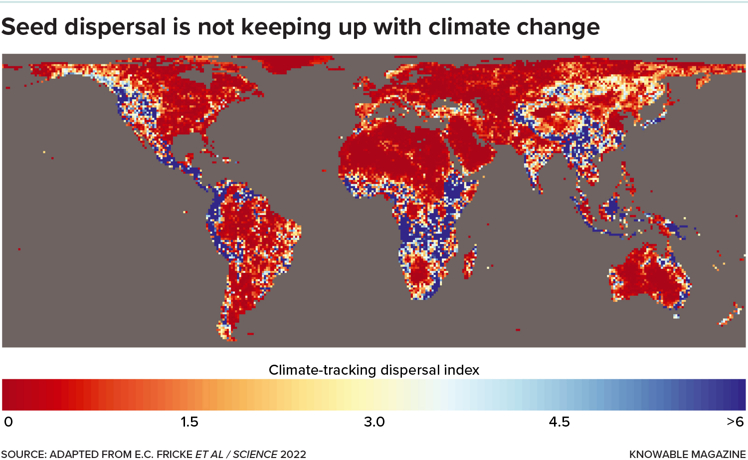 Map of the world, most of it colored bright red or orange, but with bluer spots in some places, especially in the more equatorial regions.