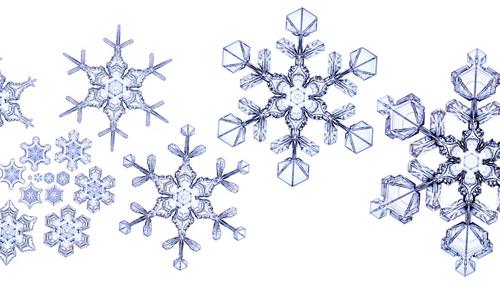 Eighteen images, arranged in a spiral, show how a lab-grown snowflake develops over 58 hours.