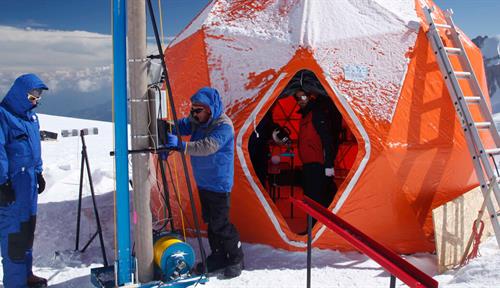 Photo shows the beginning of an ice core drilling project on Mont Blanc in France in August 2016.