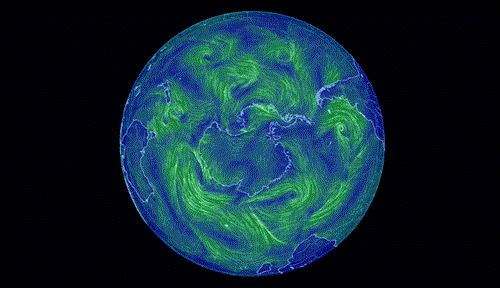 An image of the globe oriented to show Antarctica and the Southern Ocean, with moving green lines showing the movement of wind at Earth’s surface.