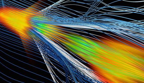 Conceptual illustration shows lots of blue and white strands undulating on a black background. A flashy red, orange and green rocket-shaped thing is shooting through the middle, leaving a streak of color in its wake.