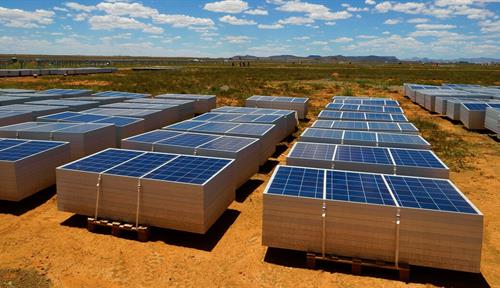 Photo shows solar panels piled up in a remote area of South Africa.