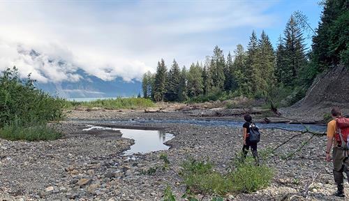 Photograph of three people in hiking gear walking on gravel alongside a winding creek. There are conifers growing to the side, and clouds plus a large body of water in the distance.