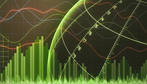 An abstract green and black illustration of global commerce data shown in bar and line charts