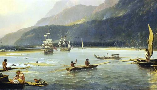 Painting shows coastal view of Tahiti’s Matavai Bay, with fishing boats, settlements, a large white tent and the two English ships.